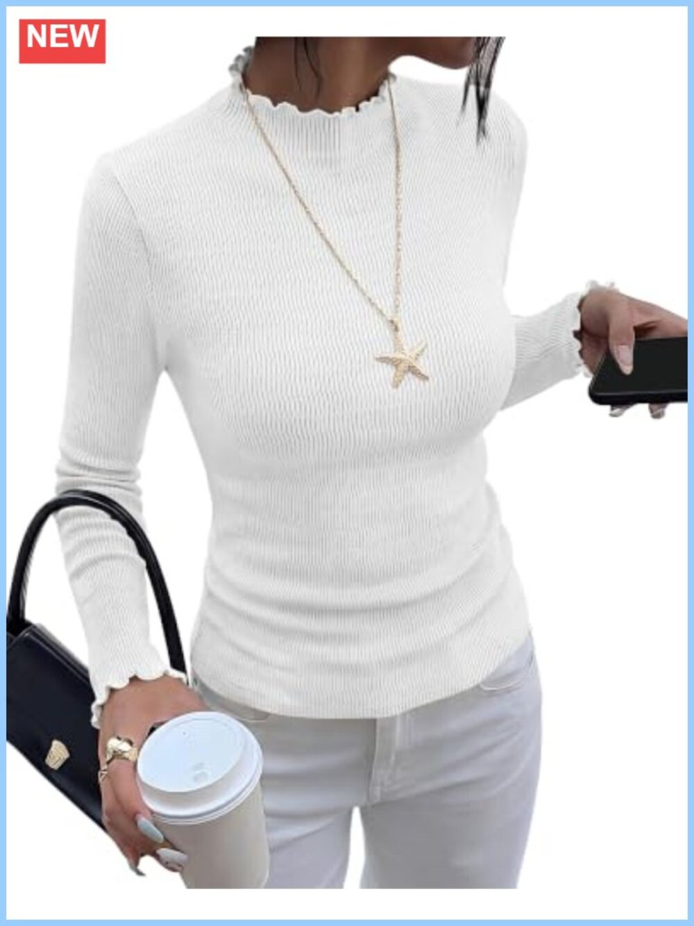 Ruffle Mock Neck Long Sleeve Ribbed Knit Top Lettuce Trim